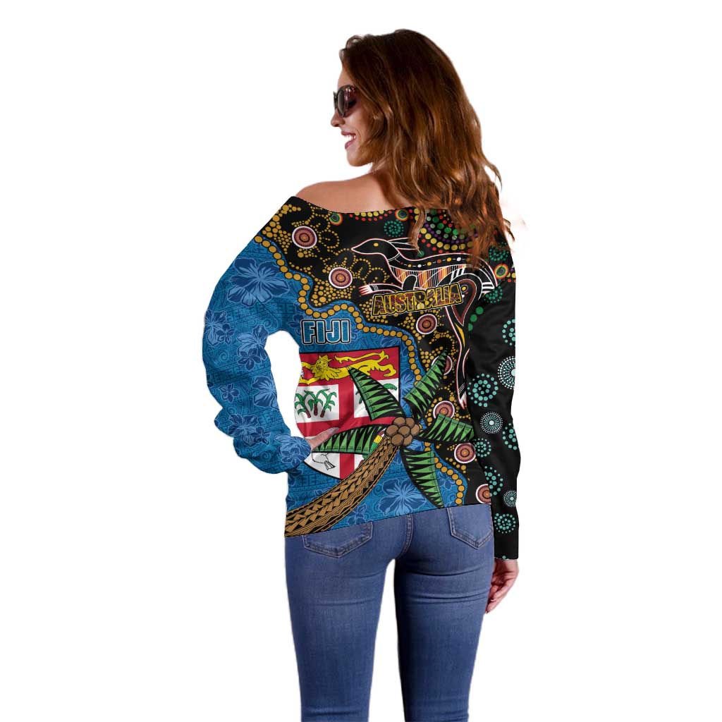 Fijian and Australian Culture Together Off Shoulder Sweater Aboriginal Art and Tapa Motifs with Kangaroo and Palm Tree LT03 - Polynesian Pride