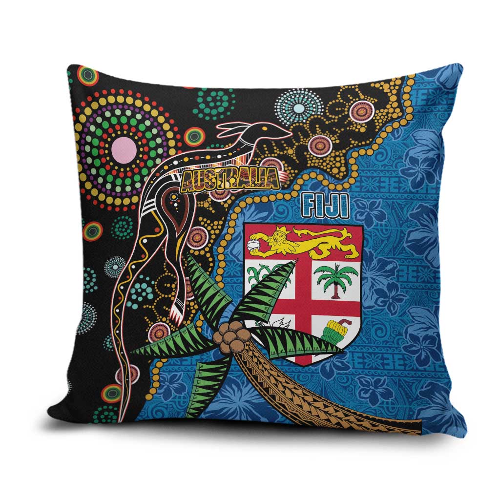 Fijian and Australian Culture Together Pillow Cover Aboriginal Art and Tapa Motifs with Kangaroo and Palm Tree LT03 Black - Polynesian Pride