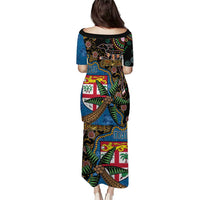 Fijian and Australian Culture Together Puletasi Aboriginal Art and Tapa Motifs with Kangaroo and Palm Tree - Polynesian Pride