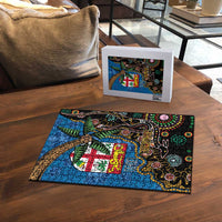 Fijian and Australian Culture Together Puzzle Aboriginal Art and Tapa Motifs with Kangaroo and Palm Tree - Polynesian Pride