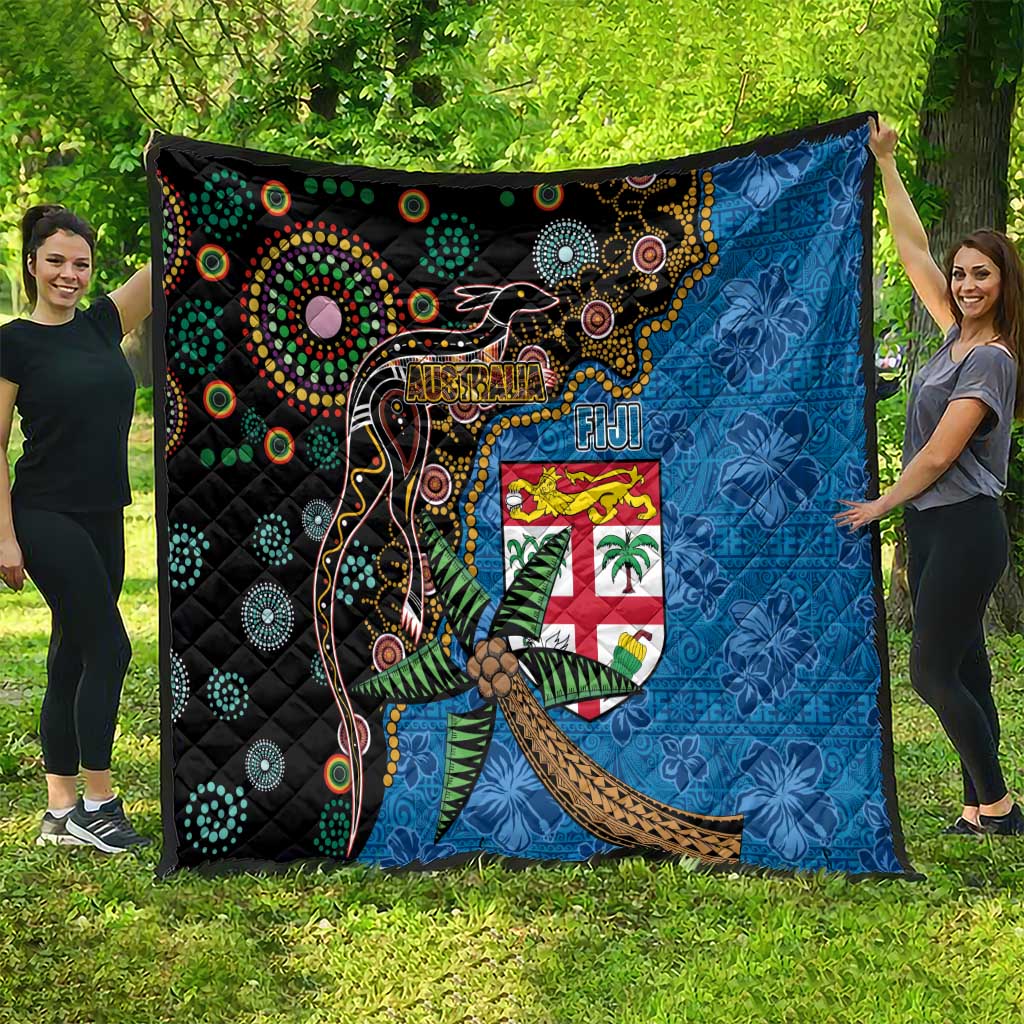 Fijian and Australian Culture Together Quilt Aboriginal Art and Tapa Motifs with Kangaroo and Palm Tree - Polynesian Pride
