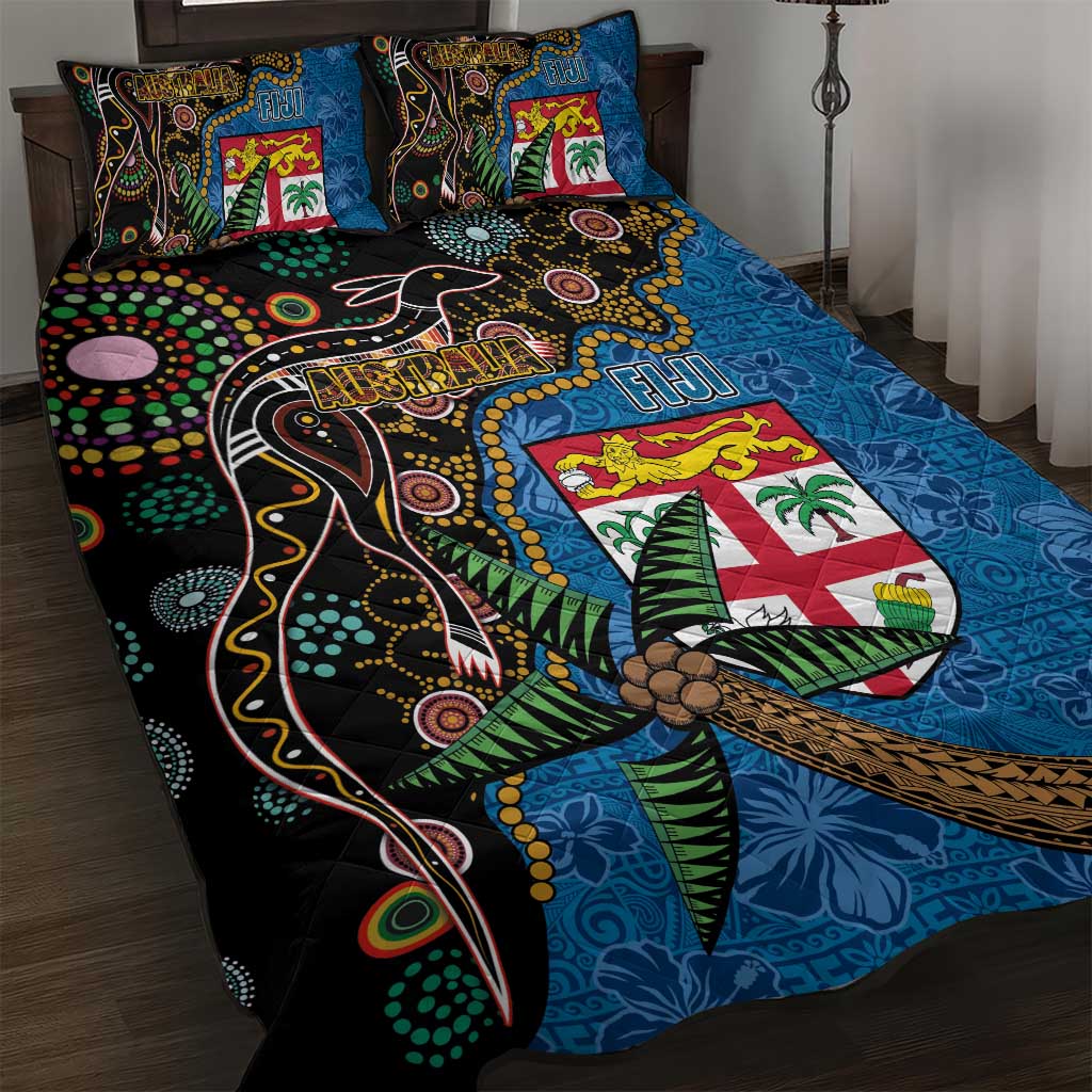 Fijian and Australian Culture Together Quilt Bed Set Aboriginal Art and Tapa Motifs with Kangaroo and Palm Tree - Polynesian Pride
