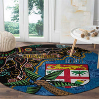 Fijian and Australian Culture Together Round Carpet Aboriginal Art and Tapa Motifs with Kangaroo and Palm Tree - Polynesian Pride