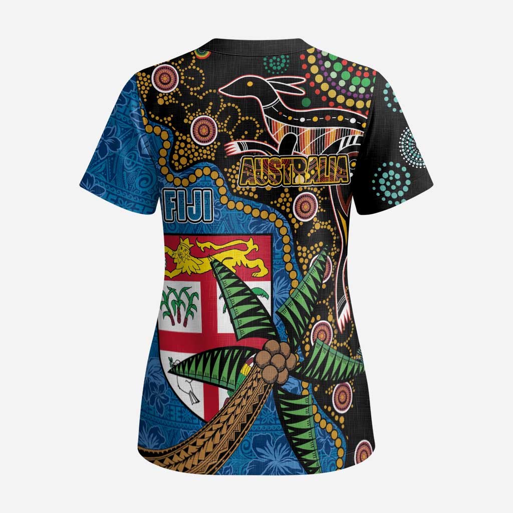 Fijian and Australian Culture Together Scrub Top Aboriginal Art and Tapa Motifs with Kangaroo and Palm Tree - Polynesian Pride