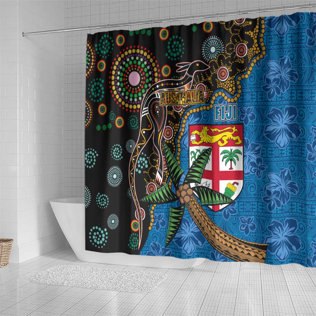 Fijian and Australian Culture Together Shower Curtain Aboriginal Art and Tapa Motifs with Kangaroo and Palm Tree LT03 - Polynesian Pride