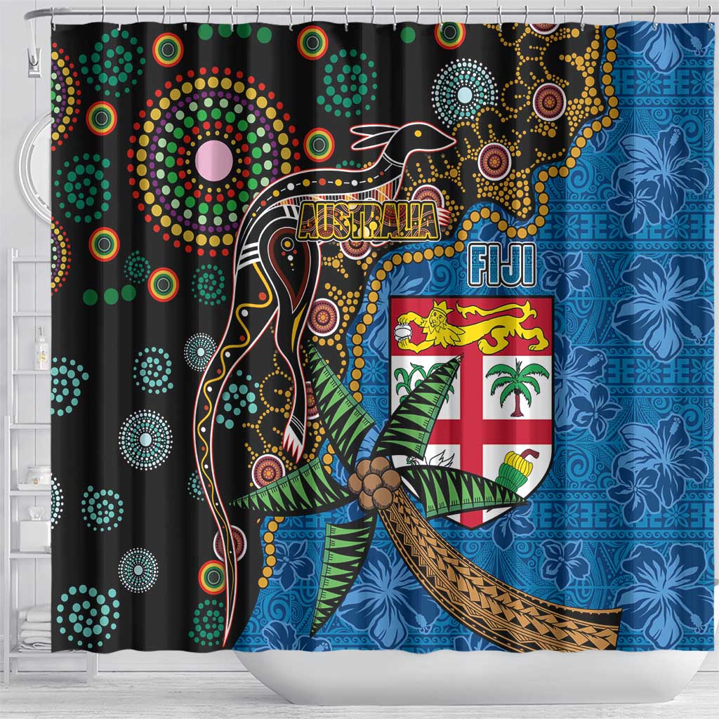 Fijian and Australian Culture Together Shower Curtain Aboriginal Art and Tapa Motifs with Kangaroo and Palm Tree LT03 - Polynesian Pride