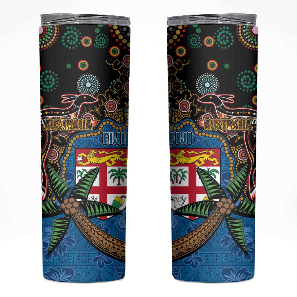 Fijian and Australian Culture Together Skinny Tumbler Aboriginal Art and Tapa Motifs with Kangaroo and Palm Tree - Polynesian Pride