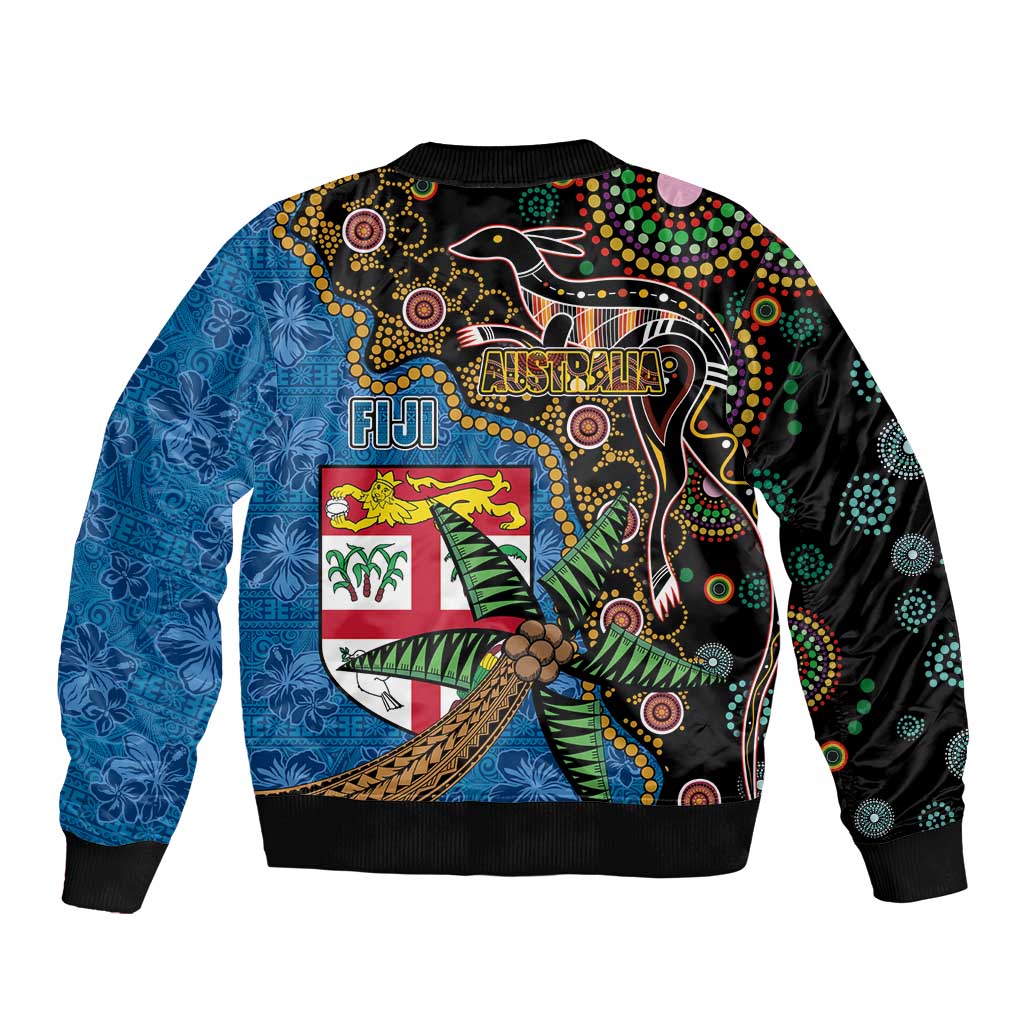 Fijian and Australian Culture Together Sleeve Zip Bomber Jacket Aboriginal Art and Tapa Motifs with Kangaroo and Palm Tree LT03 - Polynesian Pride
