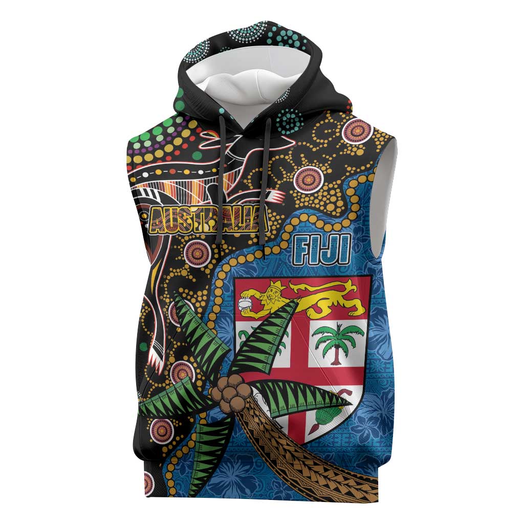 Fijian and Australian Culture Together Sleeveless Hoodie Aboriginal Art and Tapa Motifs with Kangaroo and Palm Tree - Polynesian Pride