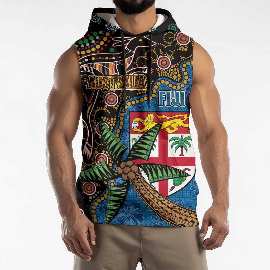 Fijian and Australian Culture Together Sleeveless Hoodie Aboriginal Art and Tapa Motifs with Kangaroo and Palm Tree - Polynesian Pride