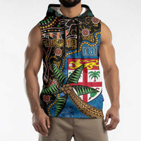 Fijian and Australian Culture Together Sleeveless Hoodie Aboriginal Art and Tapa Motifs with Kangaroo and Palm Tree - Polynesian Pride