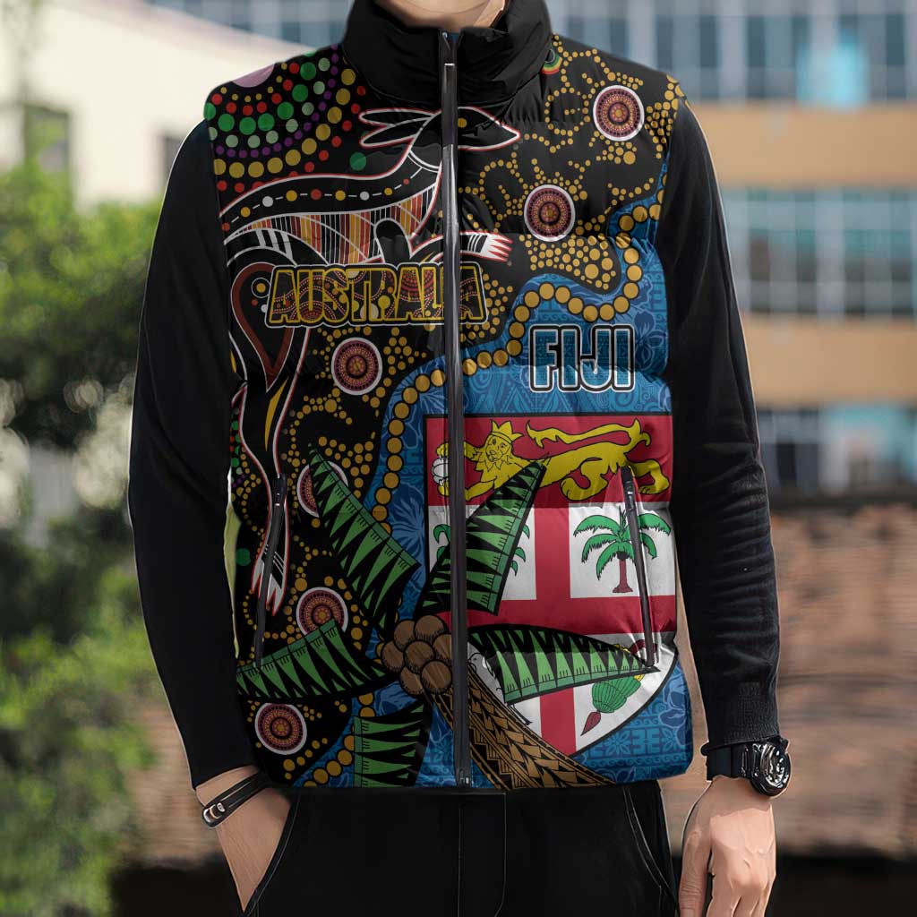 Fijian and Australian Culture Together Sleeveless Puffer Jacket Aboriginal Art and Tapa Motifs with Kangaroo and Palm Tree - Polynesian Pride