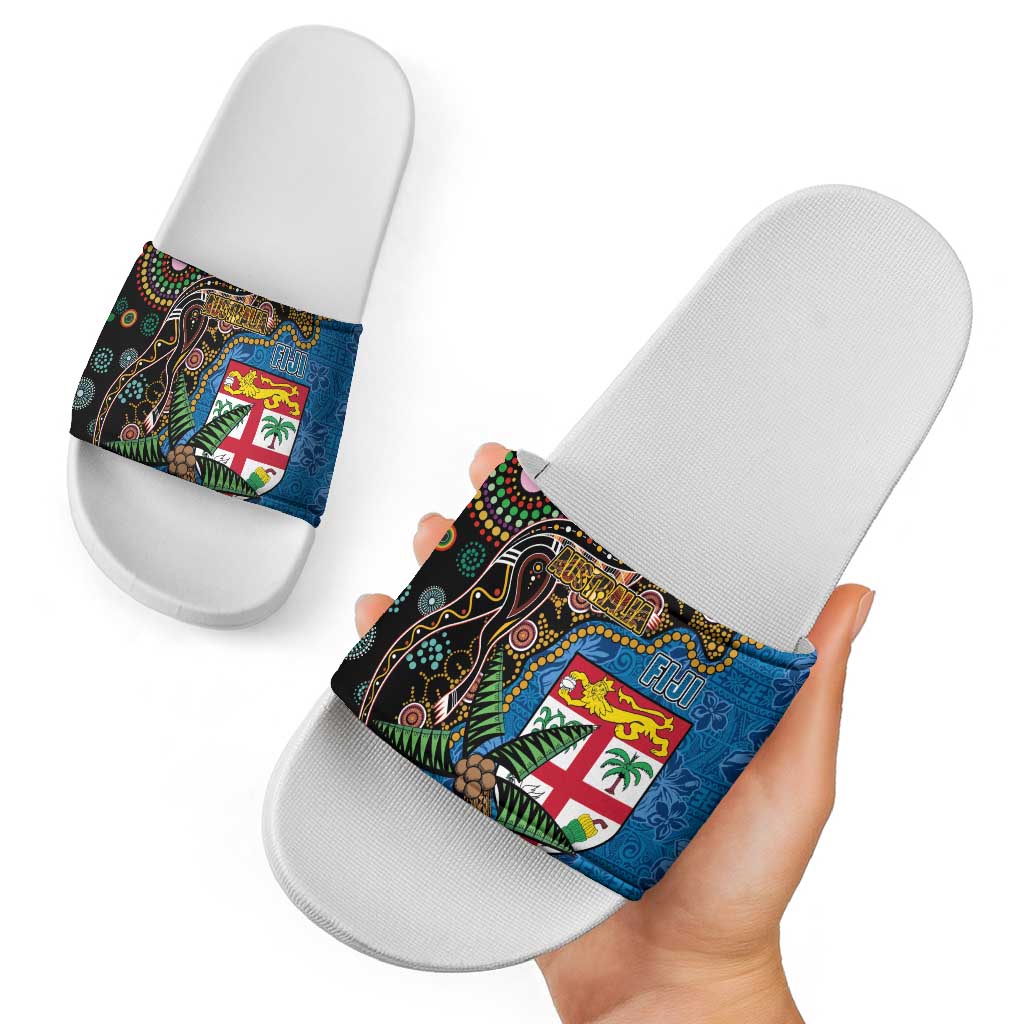 Fijian and Australian Culture Together Slide Sandals Aboriginal Art and Tapa Motifs with Kangaroo and Palm Tree LT03 - Polynesian Pride