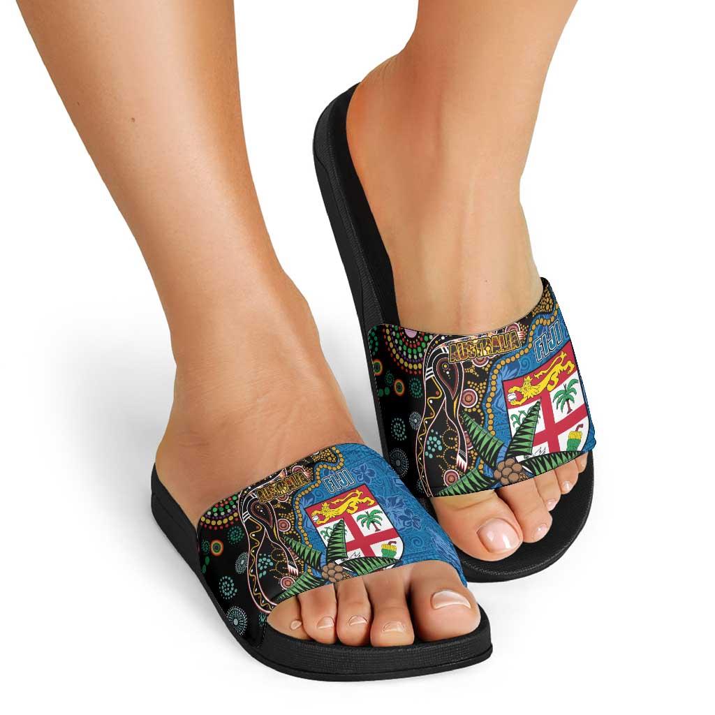 Fijian and Australian Culture Together Slide Sandals Aboriginal Art and Tapa Motifs with Kangaroo and Palm Tree LT03 - Polynesian Pride