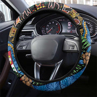 Fijian and Australian Culture Together Steering Wheel Cover Aboriginal Art and Tapa Motifs with Kangaroo and Palm Tree - Polynesian Pride