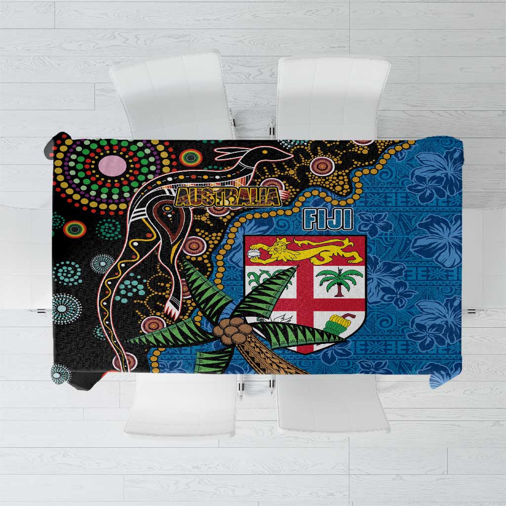 Fijian and Australian Culture Together Tablecloth Aboriginal Art and Tapa Motifs with Kangaroo and Palm Tree LT03 Black - Polynesian Pride