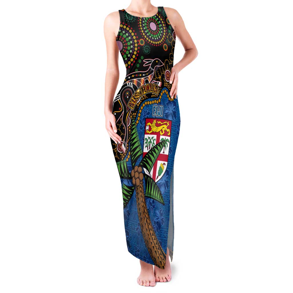 Fijian and Australian Culture Together Tank Maxi Dress Aboriginal Art and Tapa Motifs with Kangaroo and Palm Tree - Polynesian Pride