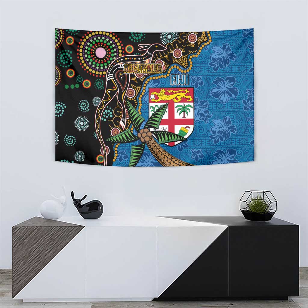 Fijian and Australian Culture Together Tapestry Aboriginal Art and Tapa Motifs with Kangaroo and Palm Tree LT03 - Polynesian Pride