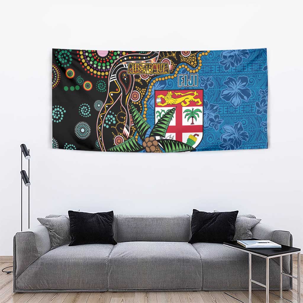 Fijian and Australian Culture Together Tapestry Aboriginal Art and Tapa Motifs with Kangaroo and Palm Tree LT03 - Polynesian Pride