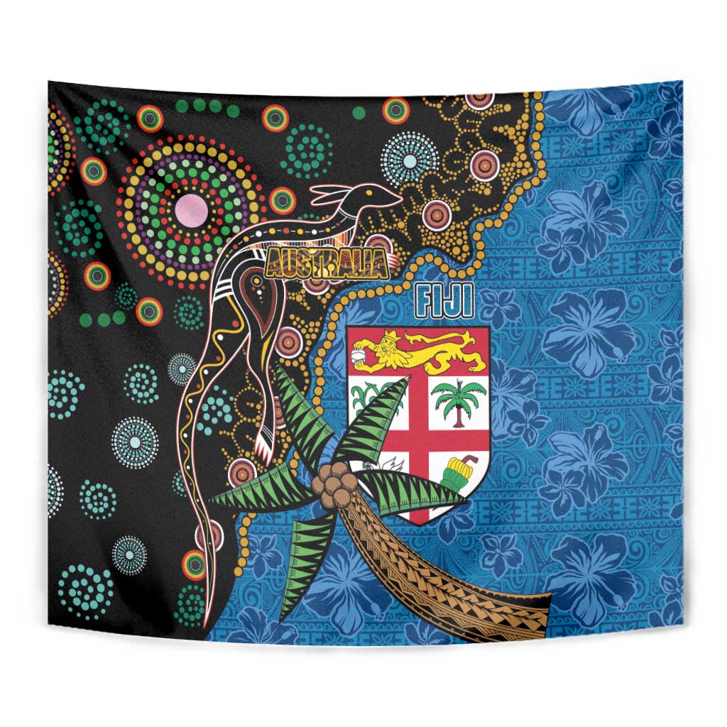 Fijian and Australian Culture Together Tapestry Aboriginal Art and Tapa Motifs with Kangaroo and Palm Tree LT03 - Polynesian Pride