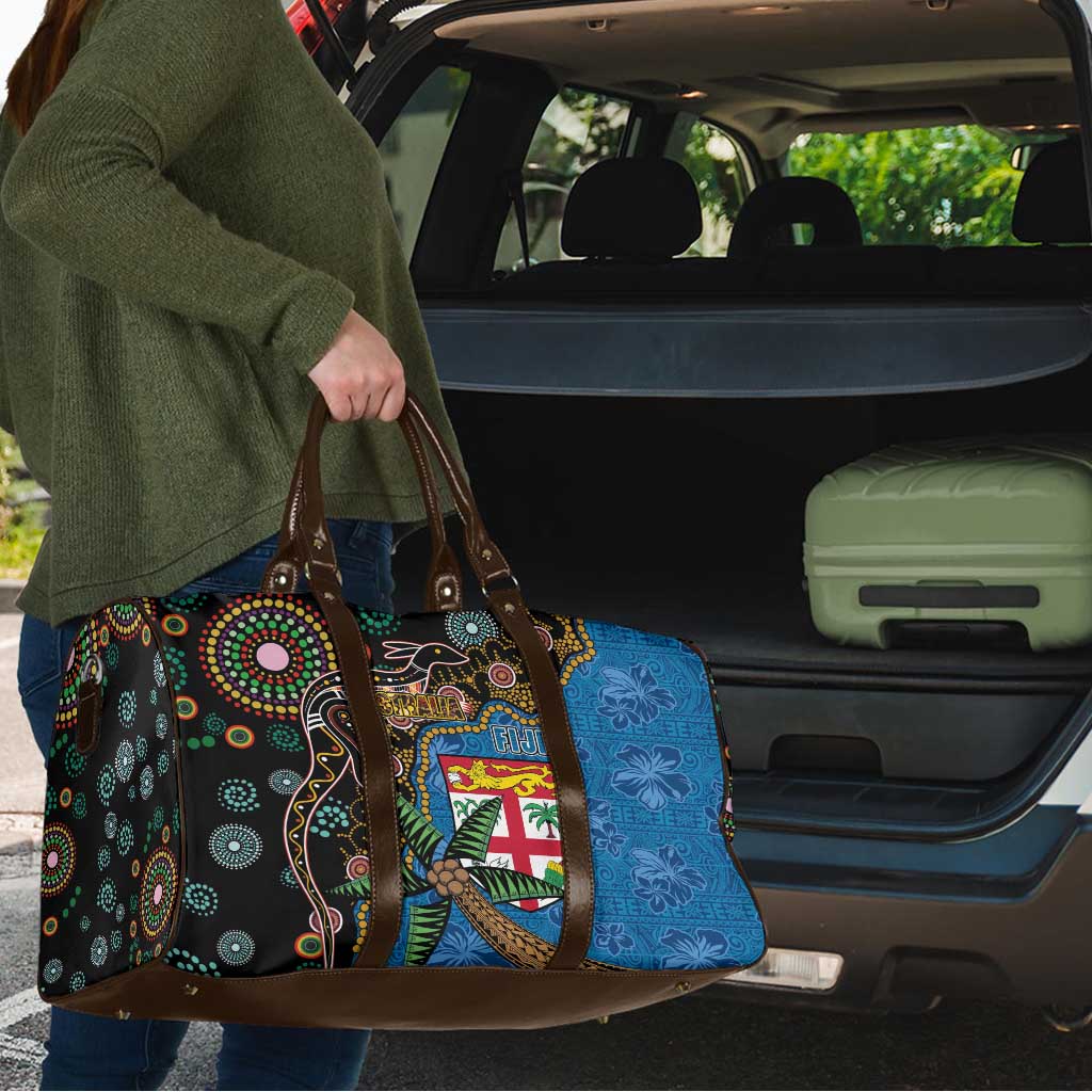 Fijian and Australian Culture Together Travel Bag Aboriginal Art and Tapa Motifs with Kangaroo and Palm Tree - Polynesian Pride