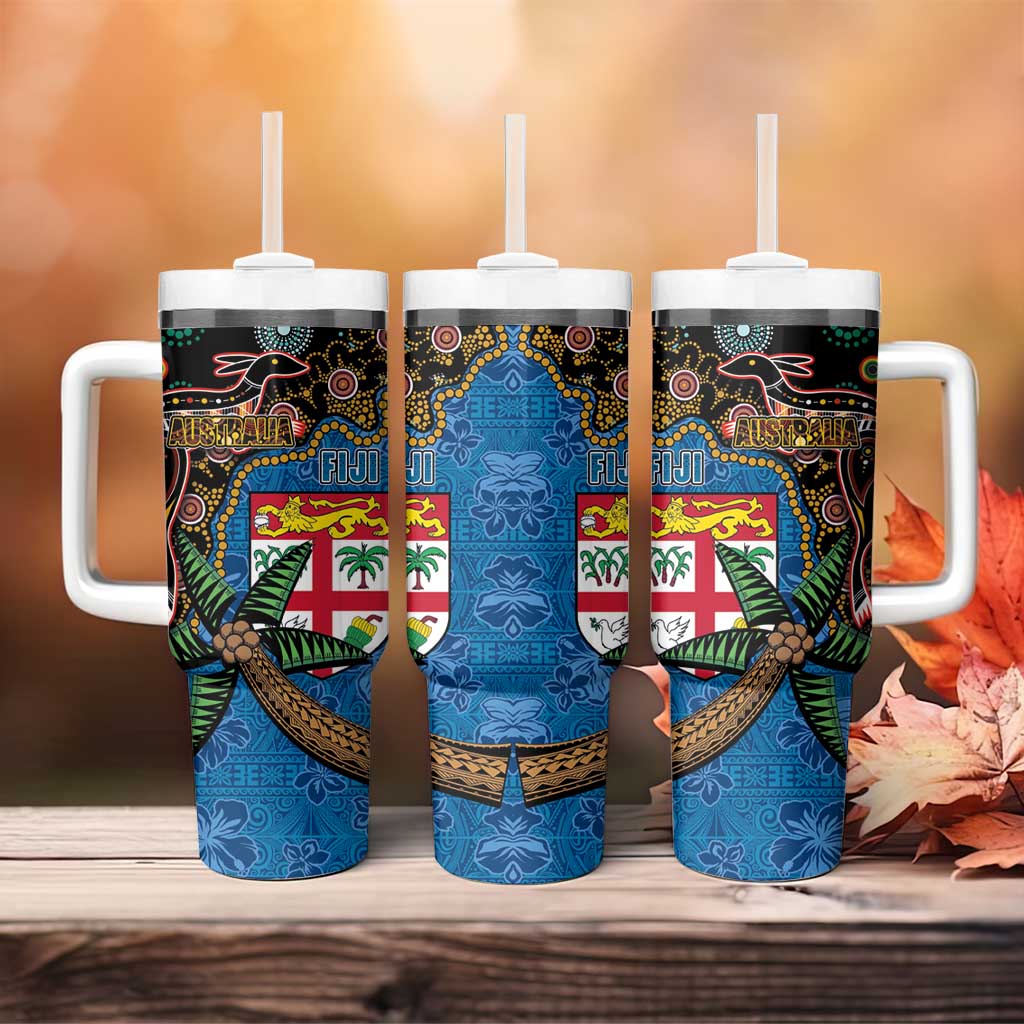 Fijian and Australian Culture Together Tumbler With Handle Aboriginal Art and Tapa Motifs with Kangaroo and Palm Tree - Polynesian Pride