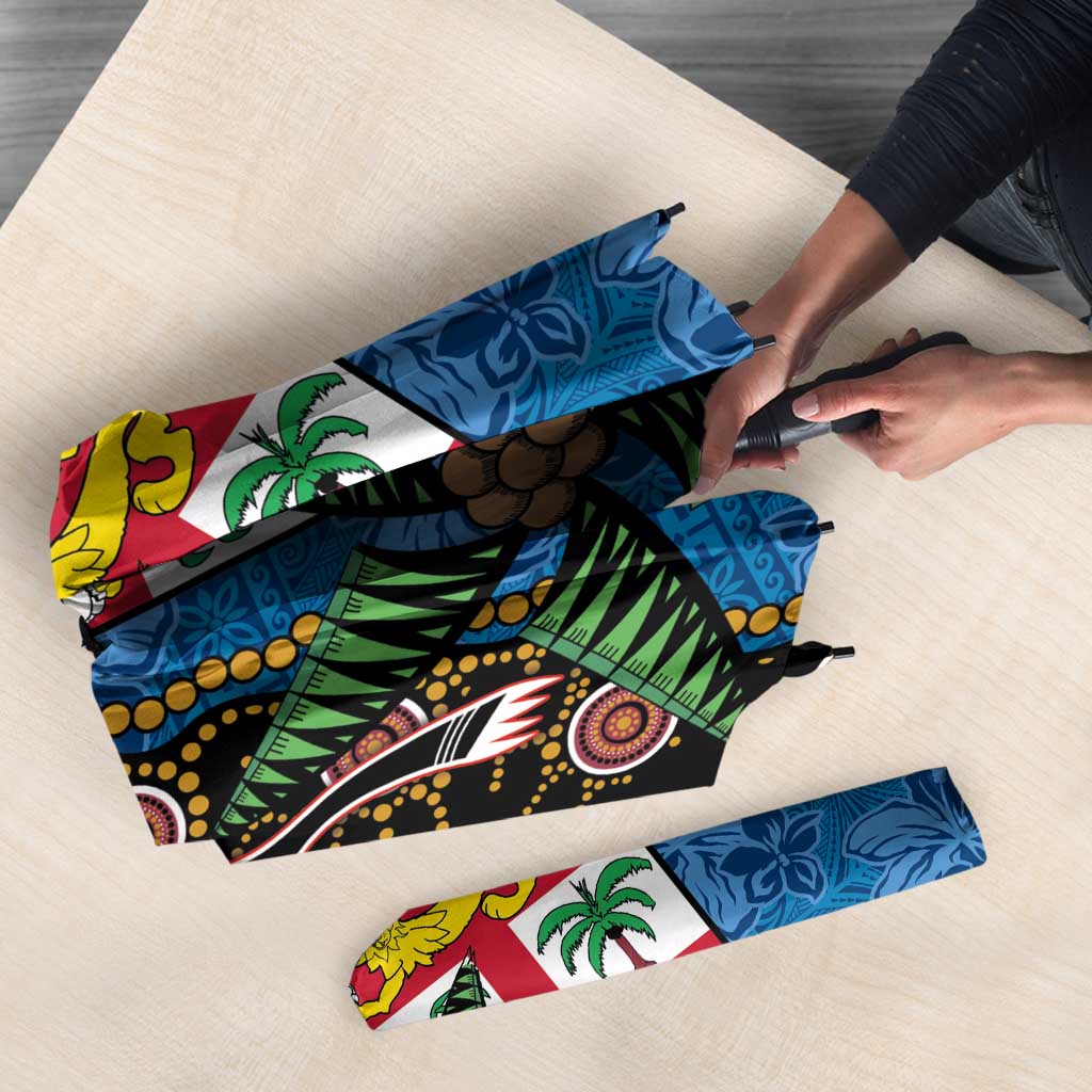 Fijian and Australian Culture Together Umbrella Aboriginal Art and Tapa Motifs with Kangaroo and Palm Tree - Polynesian Pride