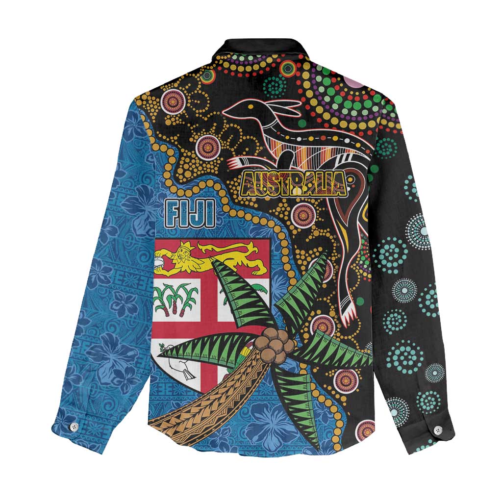 Fijian and Australian Culture Together Women Casual Shirt Aboriginal Art and Tapa Motifs with Kangaroo and Palm Tree - Polynesian Pride