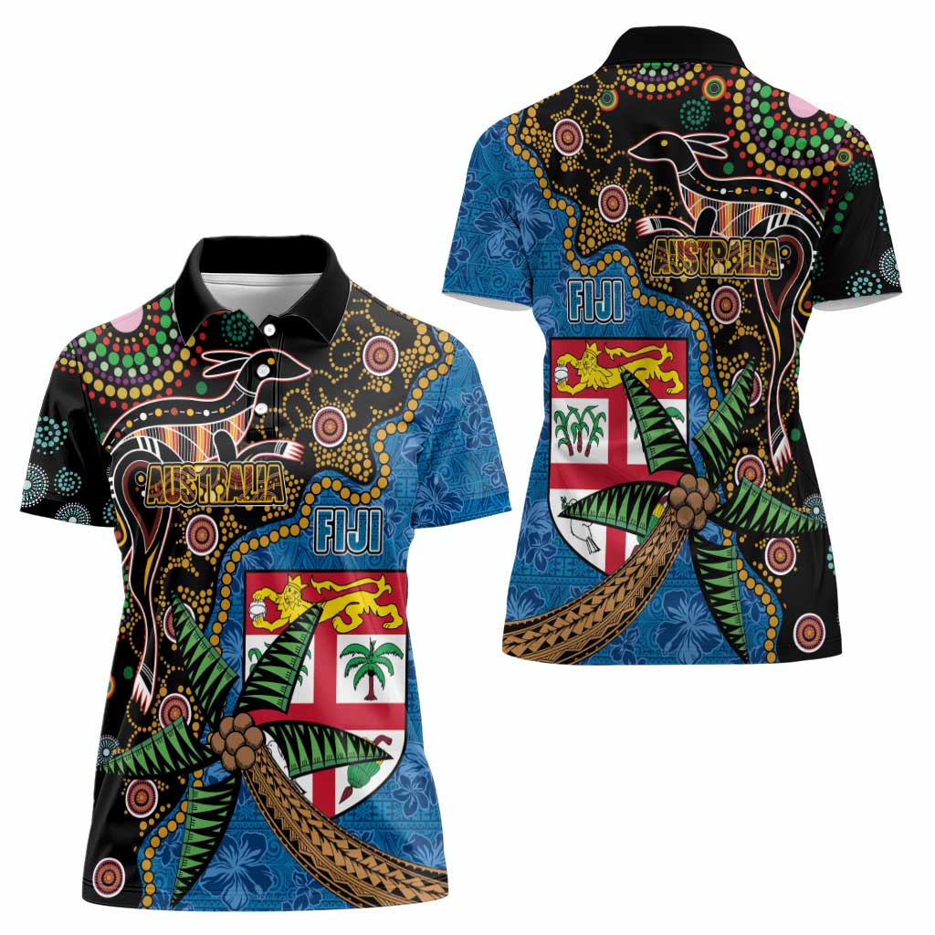 Fijian and Australian Culture Together Women Polo Shirt Aboriginal Art and Tapa Motifs with Kangaroo and Palm Tree - Polynesian Pride