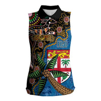 Fijian and Australian Culture Together Women Sleeveless Polo Shirt Aboriginal Art and Tapa Motifs with Kangaroo and Palm Tree - Polynesian Pride