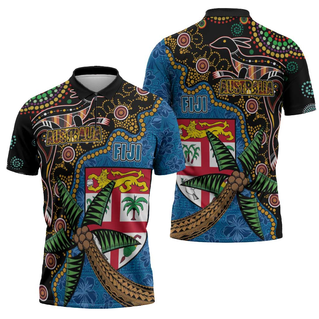 Fijian and Australian Culture Together Zipper Polo Shirt Aboriginal Art and Tapa Motifs with Kangaroo and Palm Tree - Polynesian Pride