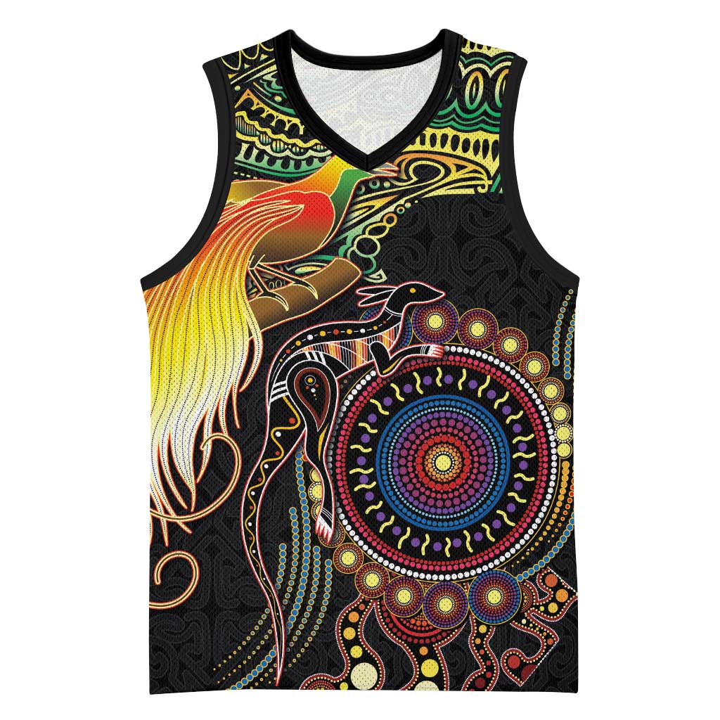 Papua New Guinea and Australia Together Basketball Jersey Bird of Paradise and Kangaroo Melanesian Aboriginal Motifs - Polynesian Pride