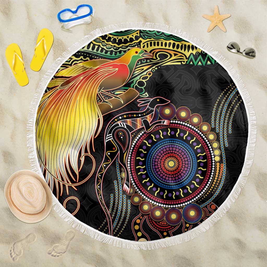 Papua New Guinea and Australia Together Beach Blanket Bird of Paradise and Kangaroo Melanesian Aboriginal Motifs LT03 One Size 150cm Black - Polynesian Pride