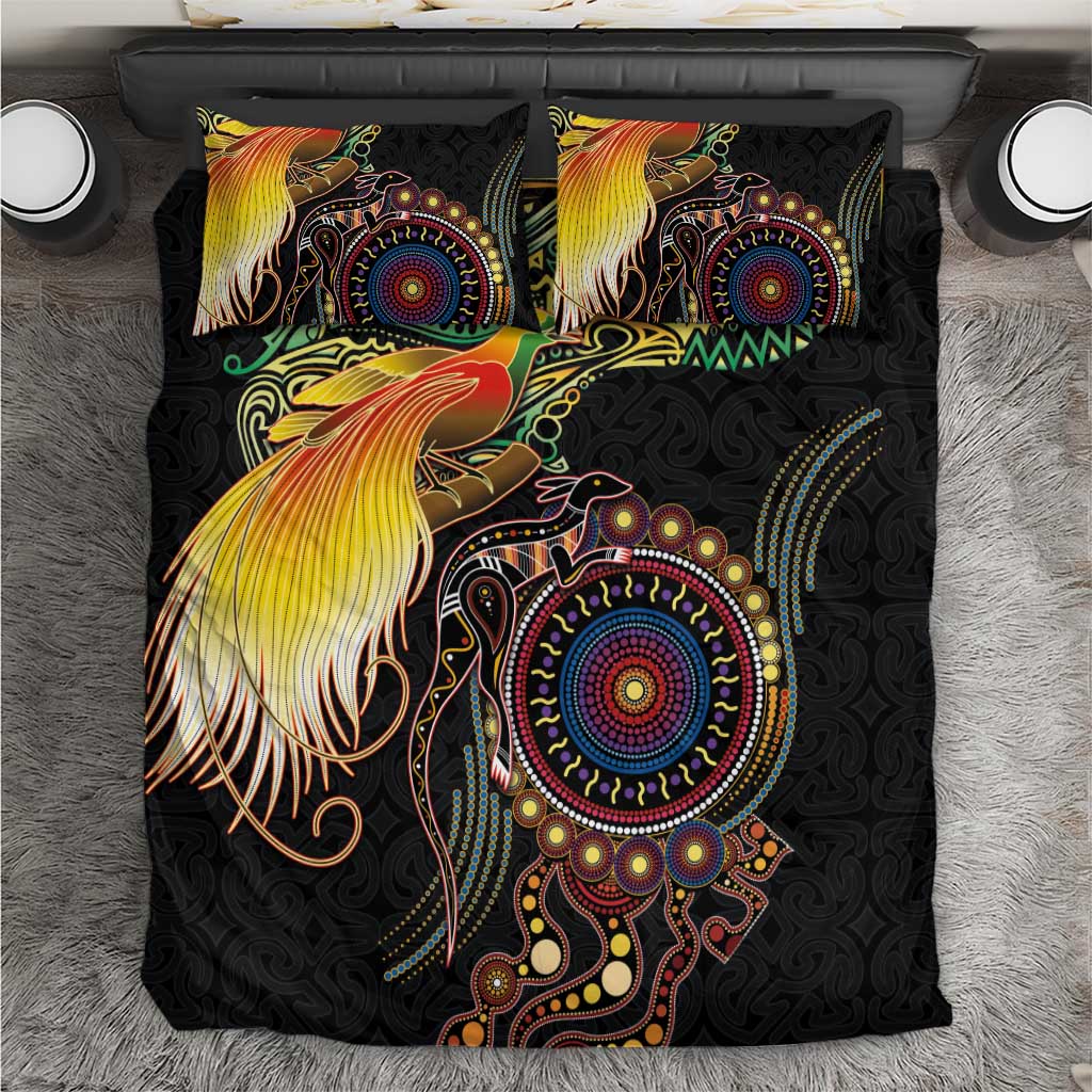 Papua New Guinea and Australia Together Bedding Set Bird of Paradise and Kangaroo Melanesian Aboriginal Motifs LT03 Black - Polynesian Pride