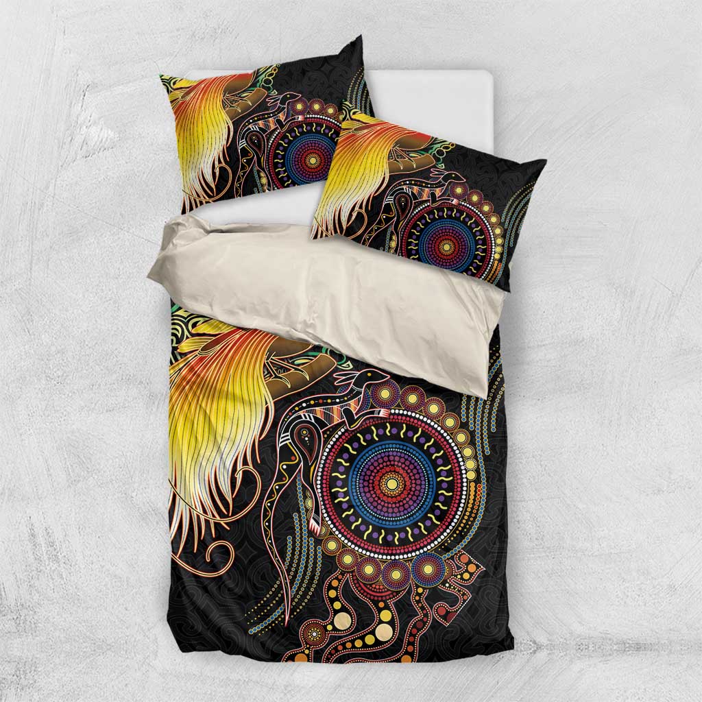 Papua New Guinea and Australia Together Bedding Set Bird of Paradise and Kangaroo Melanesian Aboriginal Motifs LT03 US Twin 172cm x 218cm Black - Polynesian Pride