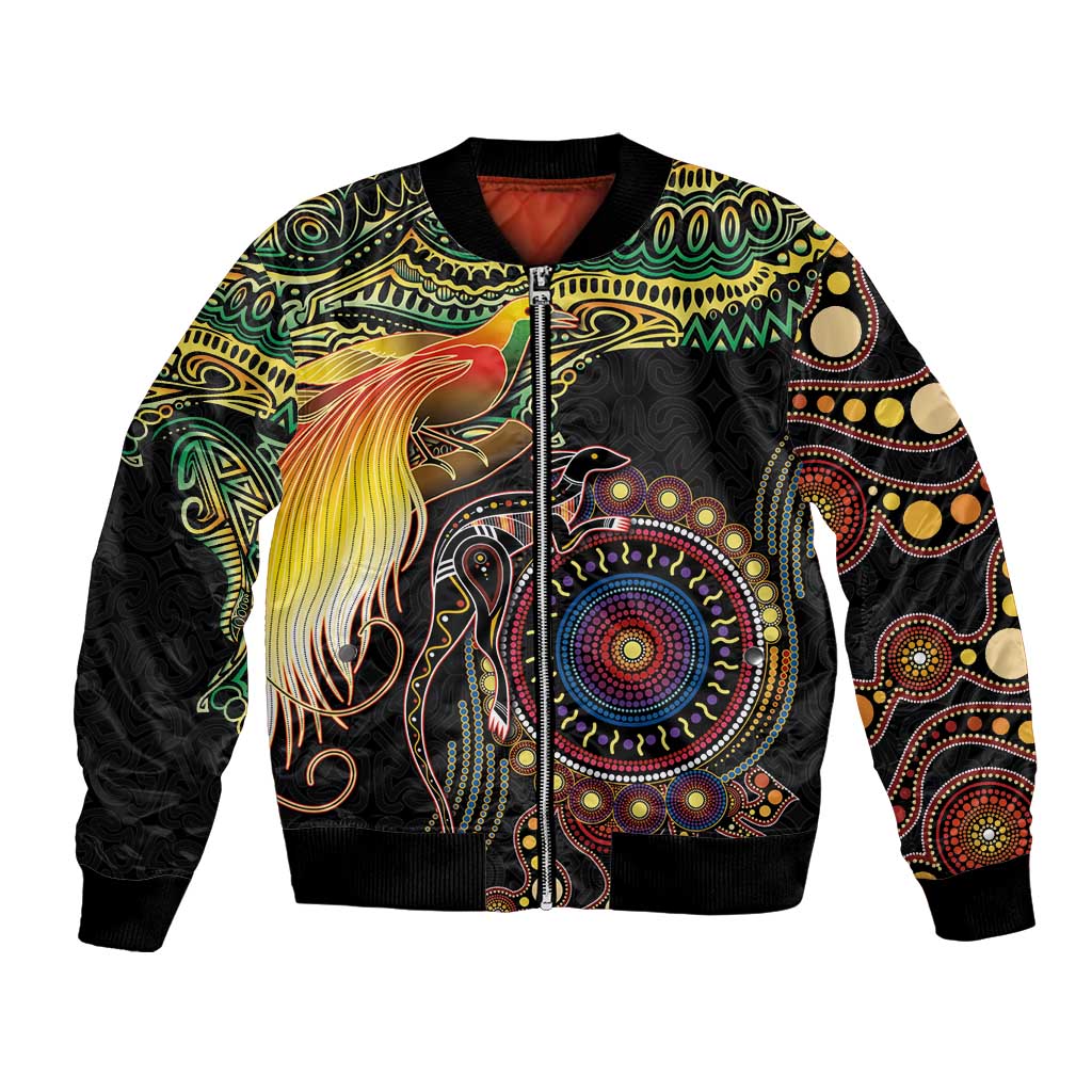 Papua New Guinea and Australia Together Bomber Jacket Bird of Paradise and Kangaroo Melanesian Aboriginal Motifs LT03 Unisex Black - Polynesian Pride