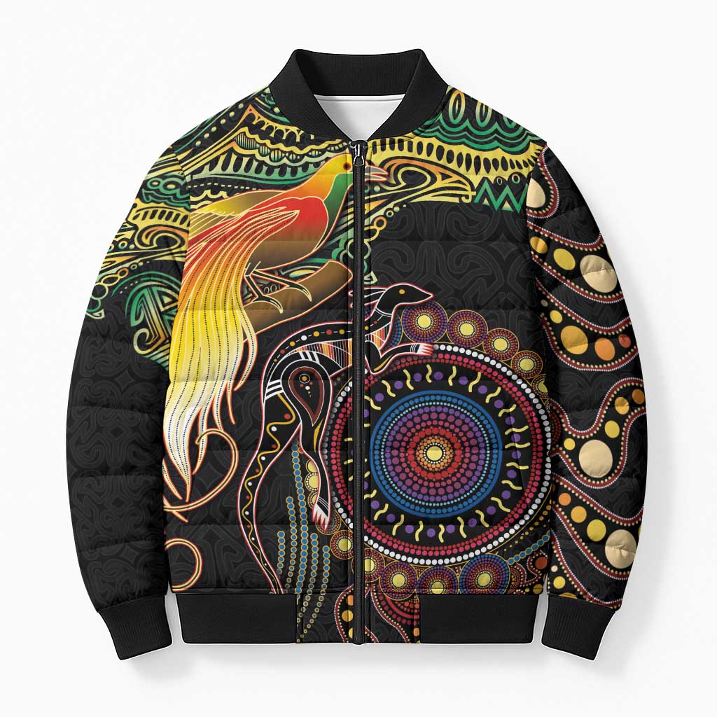 Papua New Guinea and Australia Together Bomber Puffer Jacket Bird of Paradise and Kangaroo Melanesian Aboriginal Motifs LT03 Unisex Black - Polynesian Pride