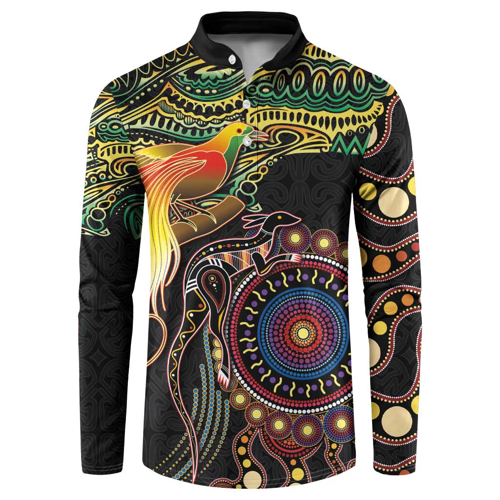 Papua New Guinea and Australia Together Button Sweatshirt Bird of Paradise and Kangaroo Melanesian Aboriginal Motifs LT03 Black - Polynesian Pride