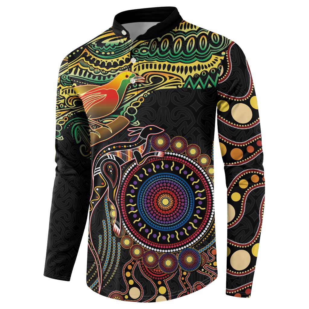 Papua New Guinea and Australia Together Button Sweatshirt Bird of Paradise and Kangaroo Melanesian Aboriginal Motifs LT03 - Polynesian Pride