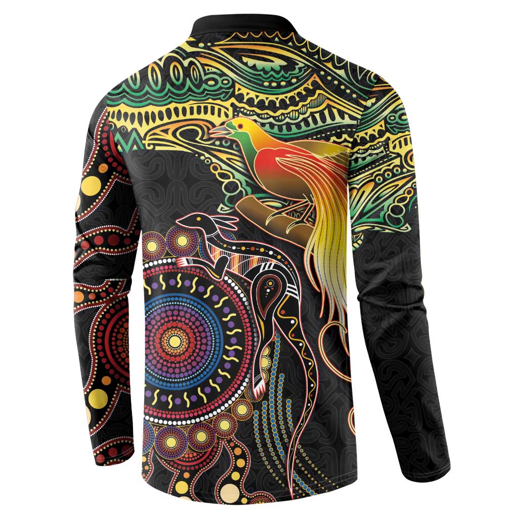 Papua New Guinea and Australia Together Button Sweatshirt Bird of Paradise and Kangaroo Melanesian Aboriginal Motifs LT03 - Polynesian Pride