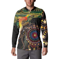 Papua New Guinea and Australia Together Button Sweatshirt Bird of Paradise and Kangaroo Melanesian Aboriginal Motifs LT03 - Polynesian Pride