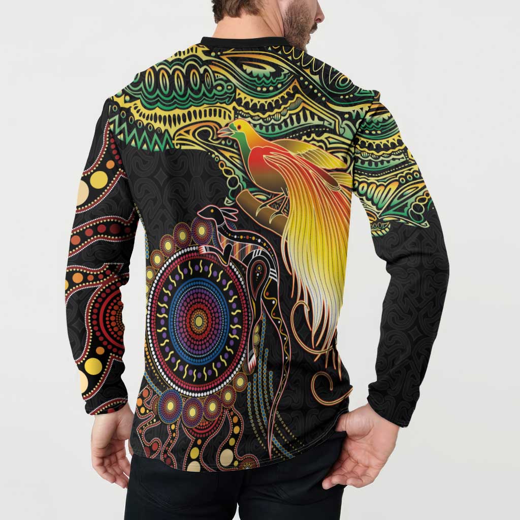 Papua New Guinea and Australia Together Button Sweatshirt Bird of Paradise and Kangaroo Melanesian Aboriginal Motifs LT03 - Polynesian Pride