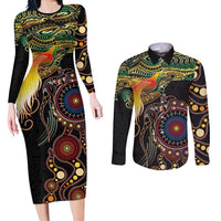 Papua New Guinea and Australia Together Couples Matching Long Sleeve Bodycon Dress and Long Sleeve Button Shirt Bird of Paradise and Kangaroo Melanesian Aboriginal Motifs - Polynesian Pride