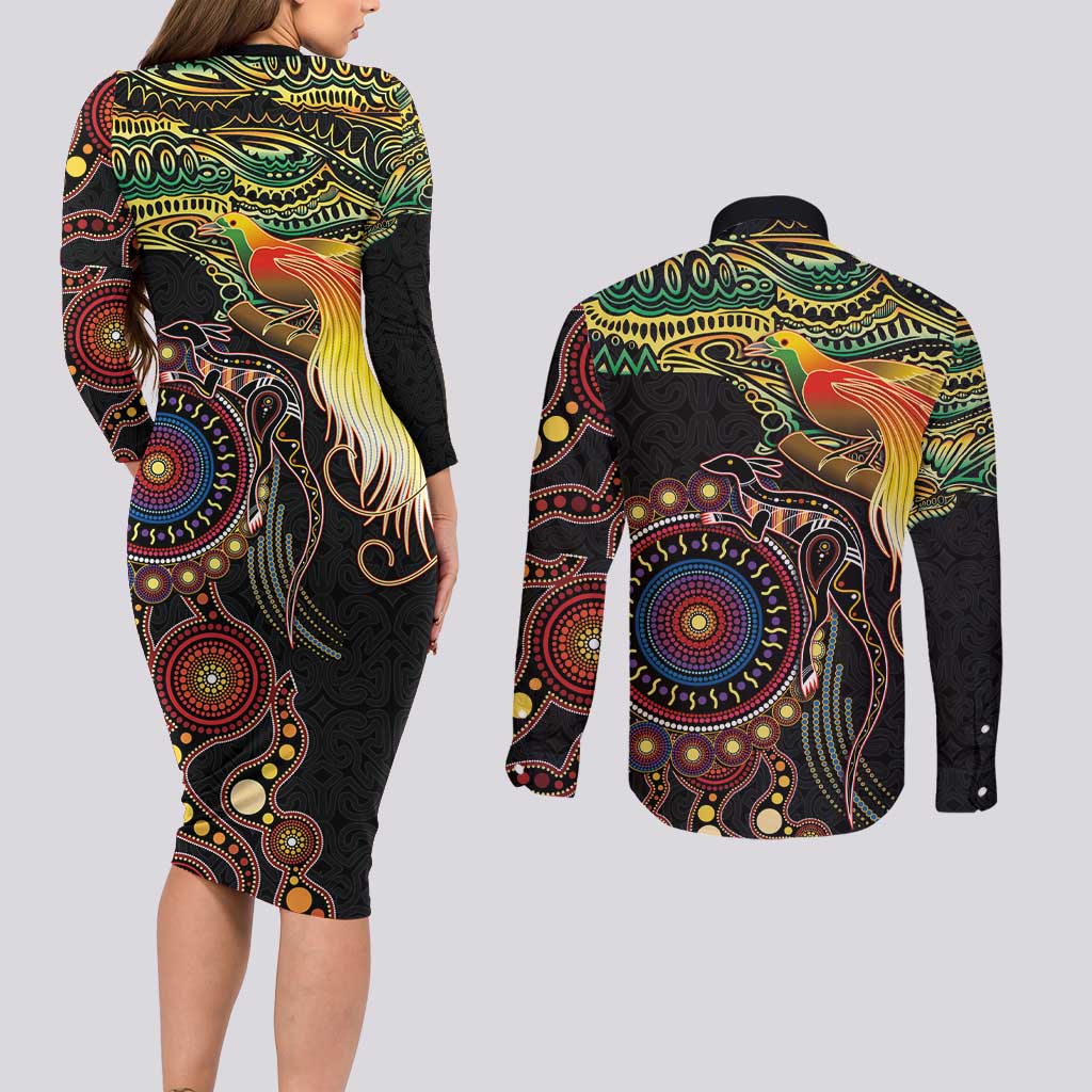 Papua New Guinea and Australia Together Couples Matching Long Sleeve Bodycon Dress and Long Sleeve Button Shirt Bird of Paradise and Kangaroo Melanesian Aboriginal Motifs - Polynesian Pride