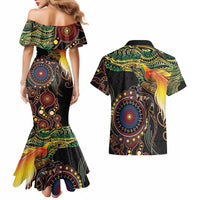 Papua New Guinea and Australia Together Couples Matching Mermaid Dress and Hawaiian Shirt Bird of Paradise and Kangaroo Melanesian Aboriginal Motifs - Polynesian Pride