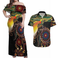 Papua New Guinea and Australia Together Couples Matching Off Shoulder Maxi Dress and Hawaiian Shirt Bird of Paradise and Kangaroo Melanesian Aboriginal Motifs - Polynesian Pride