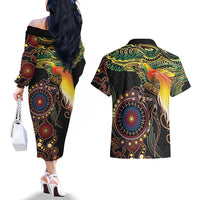 Papua New Guinea and Australia Together Couples Matching Off The Shoulder Long Sleeve Dress and Hawaiian Shirt Bird of Paradise and Kangaroo Melanesian Aboriginal Motifs - Polynesian Pride