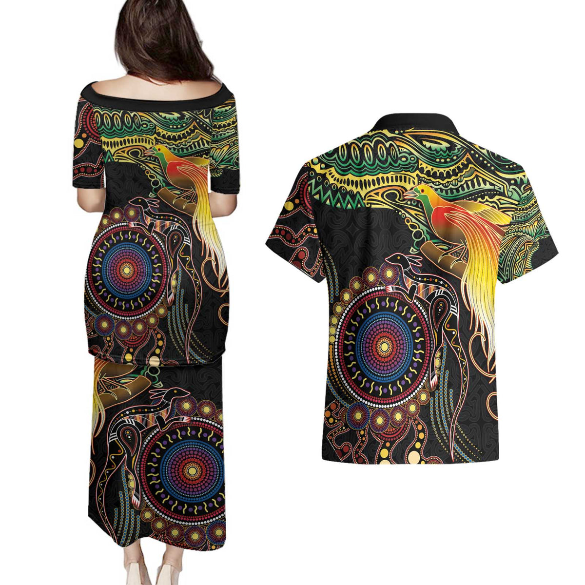 Papua New Guinea and Australia Together Couples Matching Puletasi and Hawaiian Shirt Bird of Paradise and Kangaroo Melanesian Aboriginal Motifs - Polynesian Pride