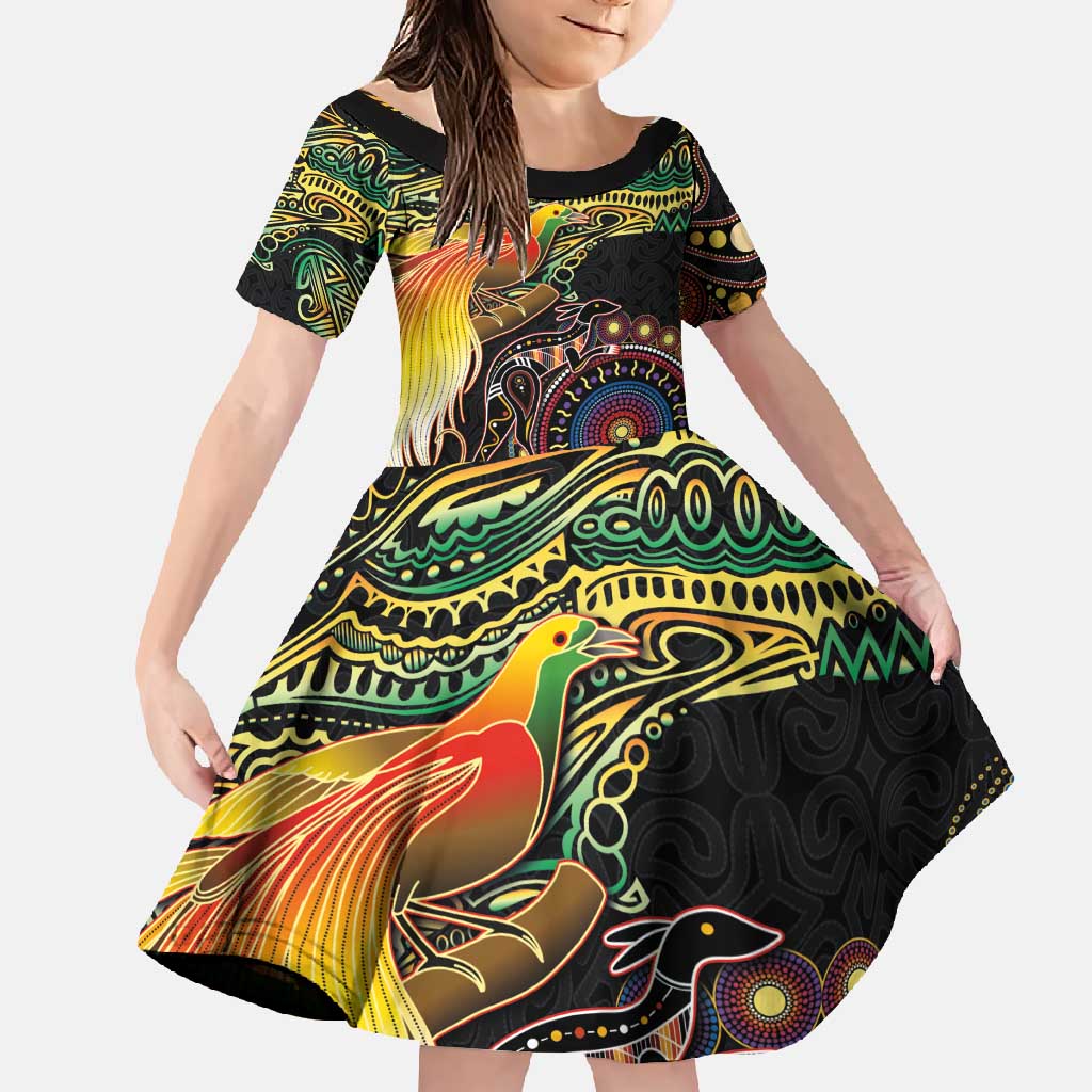 Papua New Guinea and Australia Together Family Matching Tank Maxi Dress and Hawaiian Shirt Bird of Paradise and Kangaroo Melanesian Aboriginal Motifs LT03 Daughter's Dress Black - Polynesian Pride