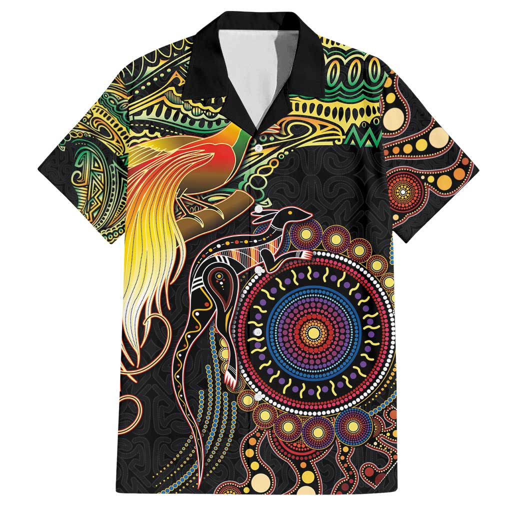 Papua New Guinea and Australia Together Family Matching Tank Maxi Dress and Hawaiian Shirt Bird of Paradise and Kangaroo Melanesian Aboriginal Motifs LT03 Dad's Shirt - Short Sleeve Black - Polynesian Pride